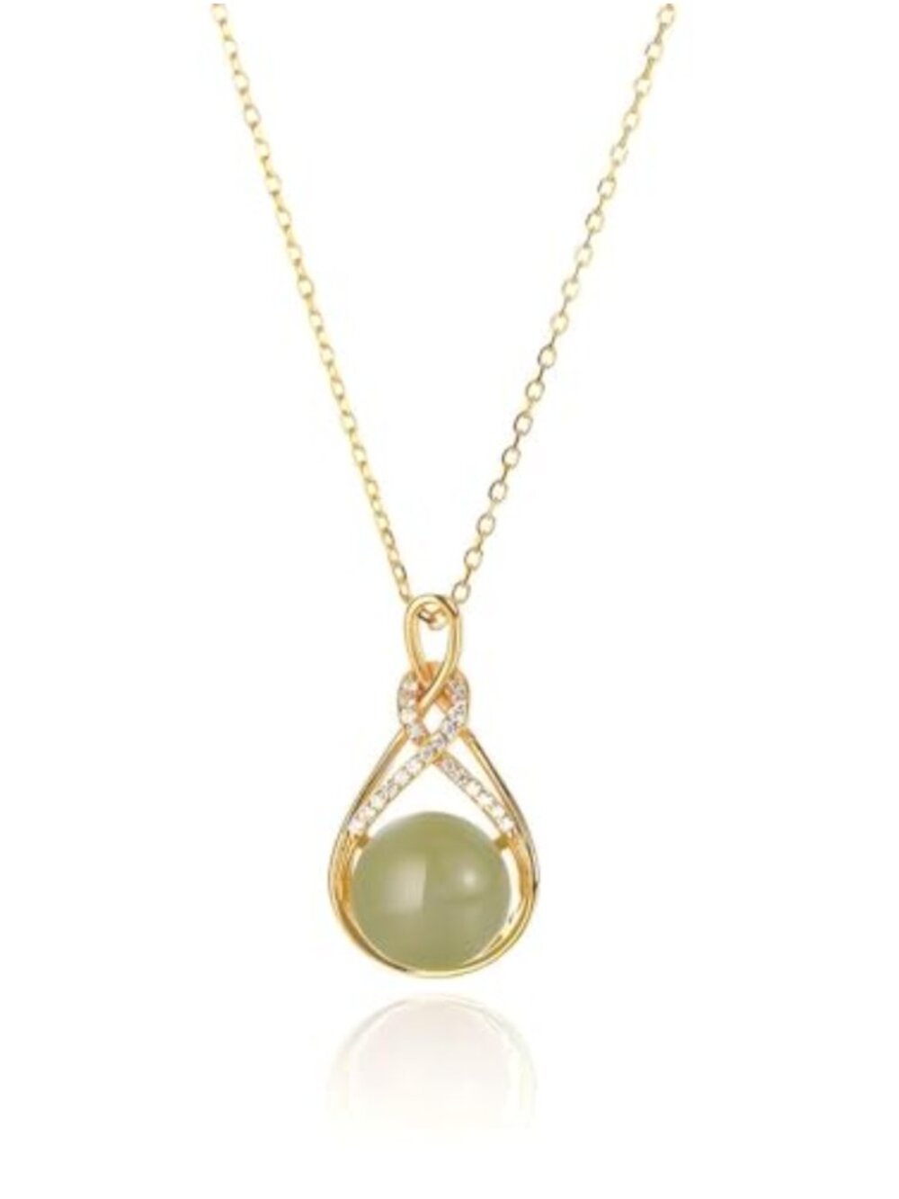 Stainless Steel Jade Pendant Necklace Cubic Zirconia Lobster Clasp Adjustable